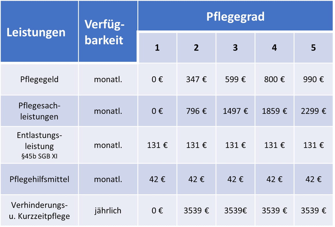 &Uuml;bersicht Leistungsspektrum Pflegekasse